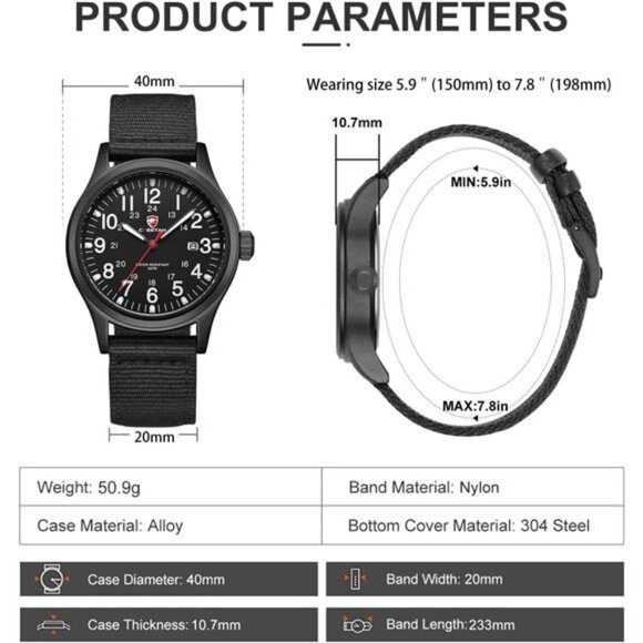 Men’s Military Watch Easy to Read Waterproof with Nylon Strap, Full Black - Picture 4 of 7